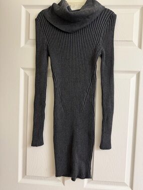 Ribbed Knit Cowl Neck Sweater Dress - Dark Gray